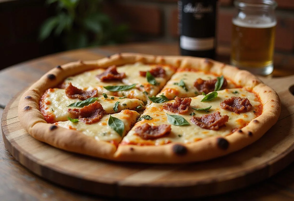 Irresistible creamy carbonara pizza perfectly baked, showcasing delicious toppings and inviting aroma.