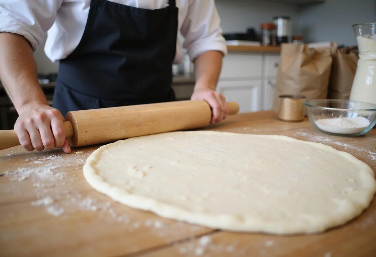 Making pizza dough for carbonara pizza with flour and yeast, delicious homemade crust preparation.