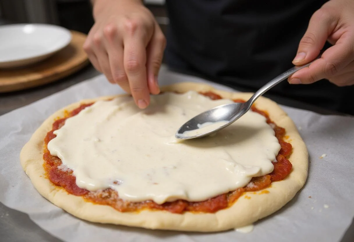 Spreading creamy sauce on pizza dough, preparing the base for irresistible carbonara pizza.