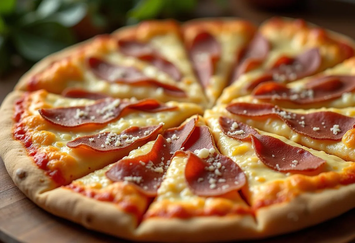 Toppings for carbonara pizza including pancetta and cheese, creating a visually appealing dish.