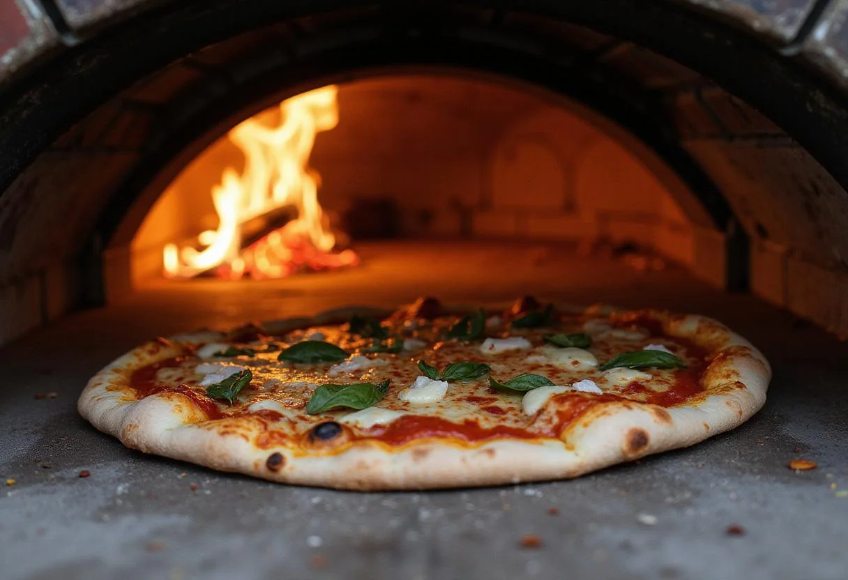 Placing carbonara pizza in a traditional brick oven, showcasing authentic cooking methods.