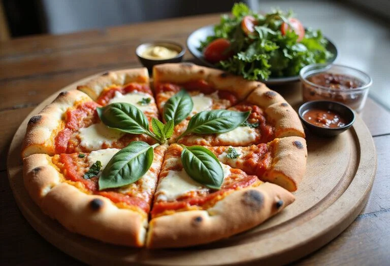 Final presentation of Kent pizza on a serving board, showcasing its delicious toppings and perfect slices ready for enjoyment.
