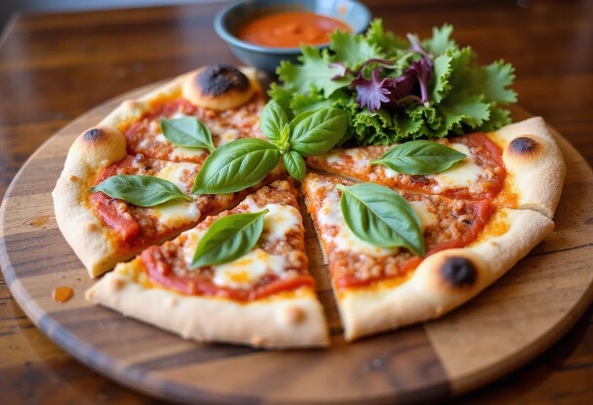 Final presentation of Kent pizza on a serving board, showcasing its delicious toppings and perfect slices ready for enjoyment.