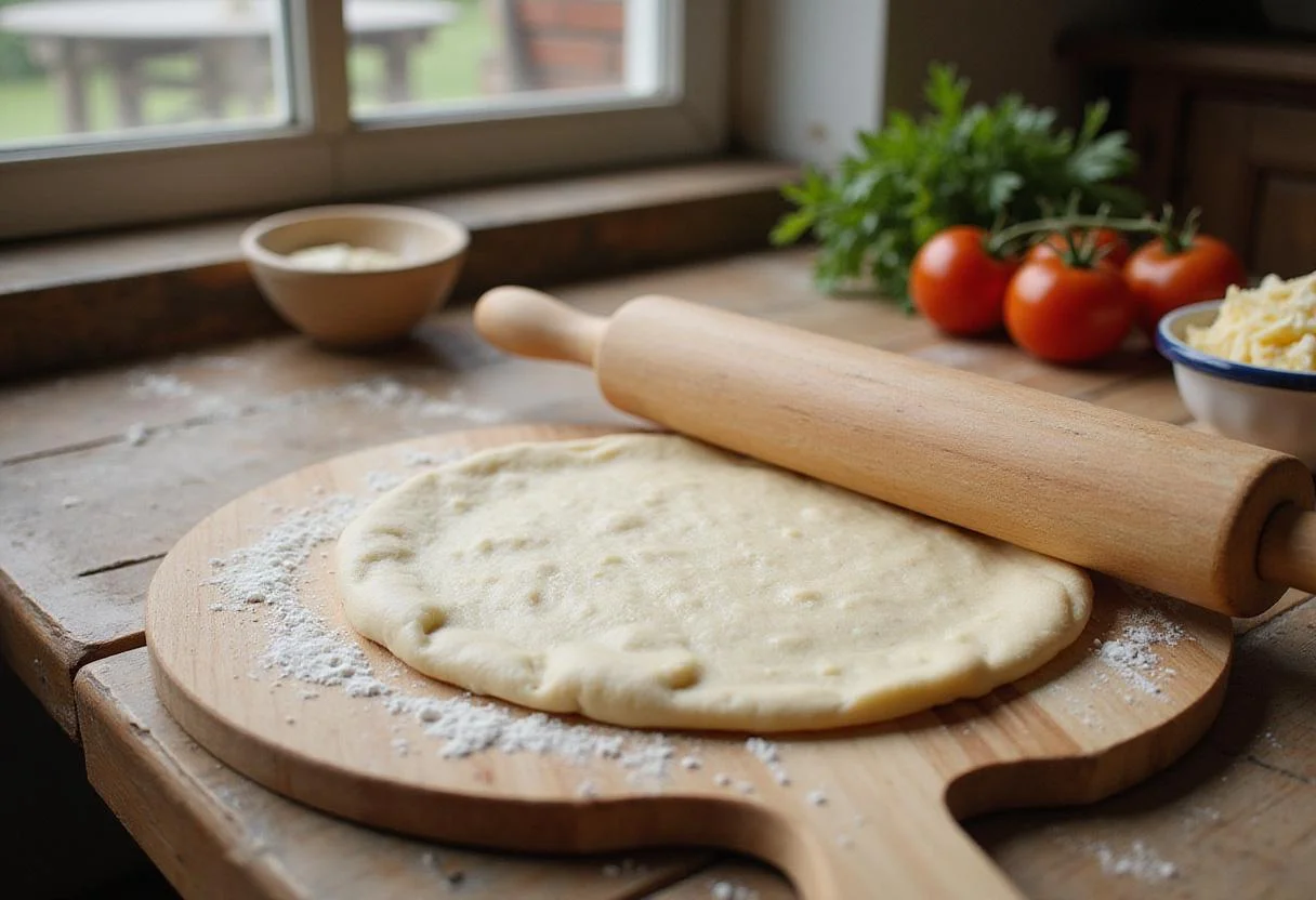 Kent pizza dough preparation on a wooden peel with fresh ingredients, showcasing the classic pizza making process.