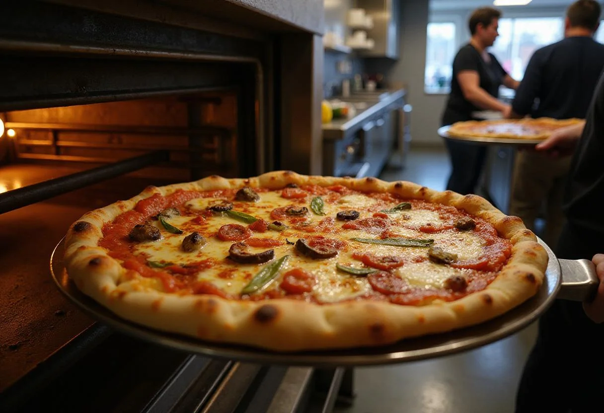 Baked Kent pizza fresh out of the oven, highlighting its golden crust and melted cheese, a culinary treat for pizza lovers.