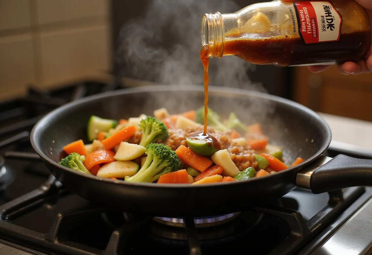 Stir-frying vegetables in Kikkoman Stir Fry Sauce, highlighting the cooking process for a delicious stir fry dish.