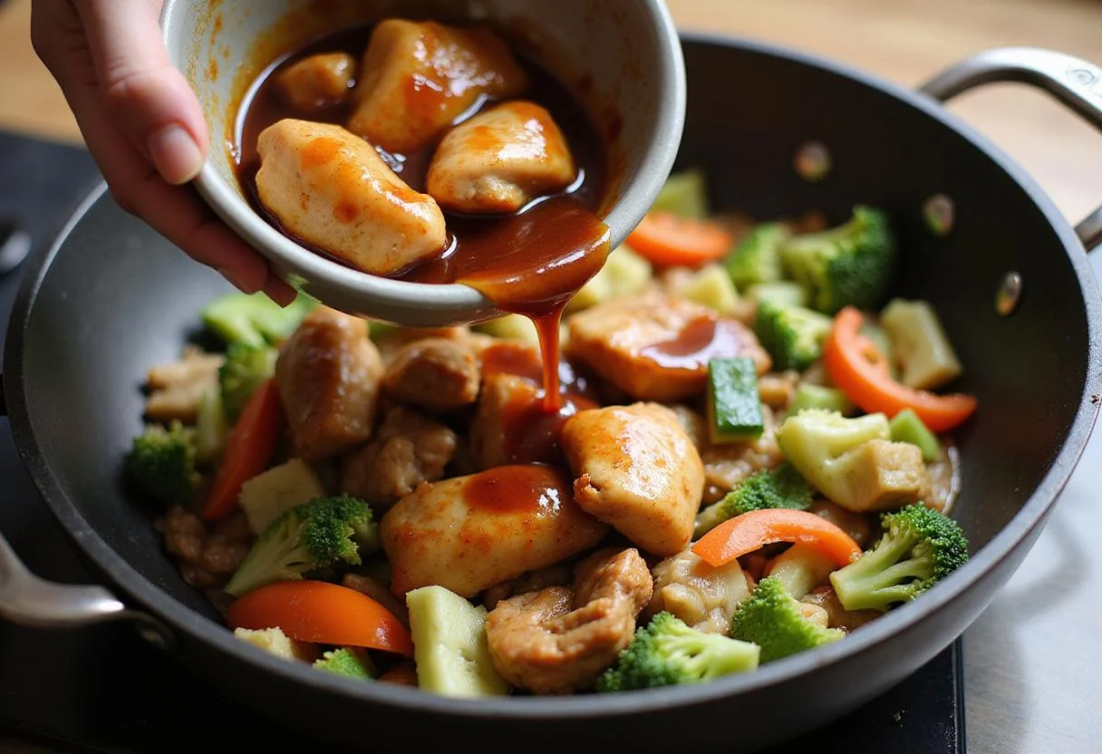 Adding chicken to stir-fried vegetables with Kikkoman Stir Fry Sauce, emphasizing a flavorful stir fry recipe completion.