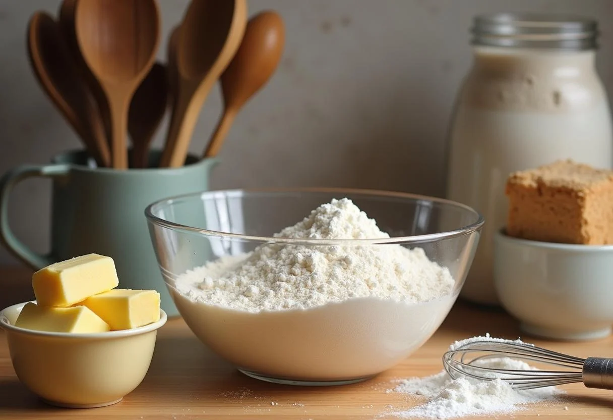 Ingredients for Knott's Berry Farm cookies, including flour, sugar, and baking powder on a kitchen countertop.