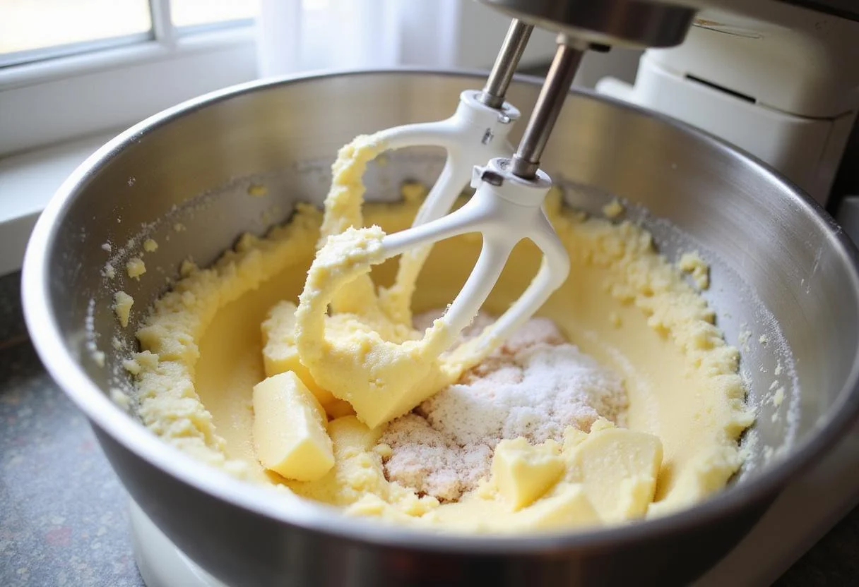 Blending butter and sugars for Knott's Berry cookies in a mixing bowl with an electric mixer.