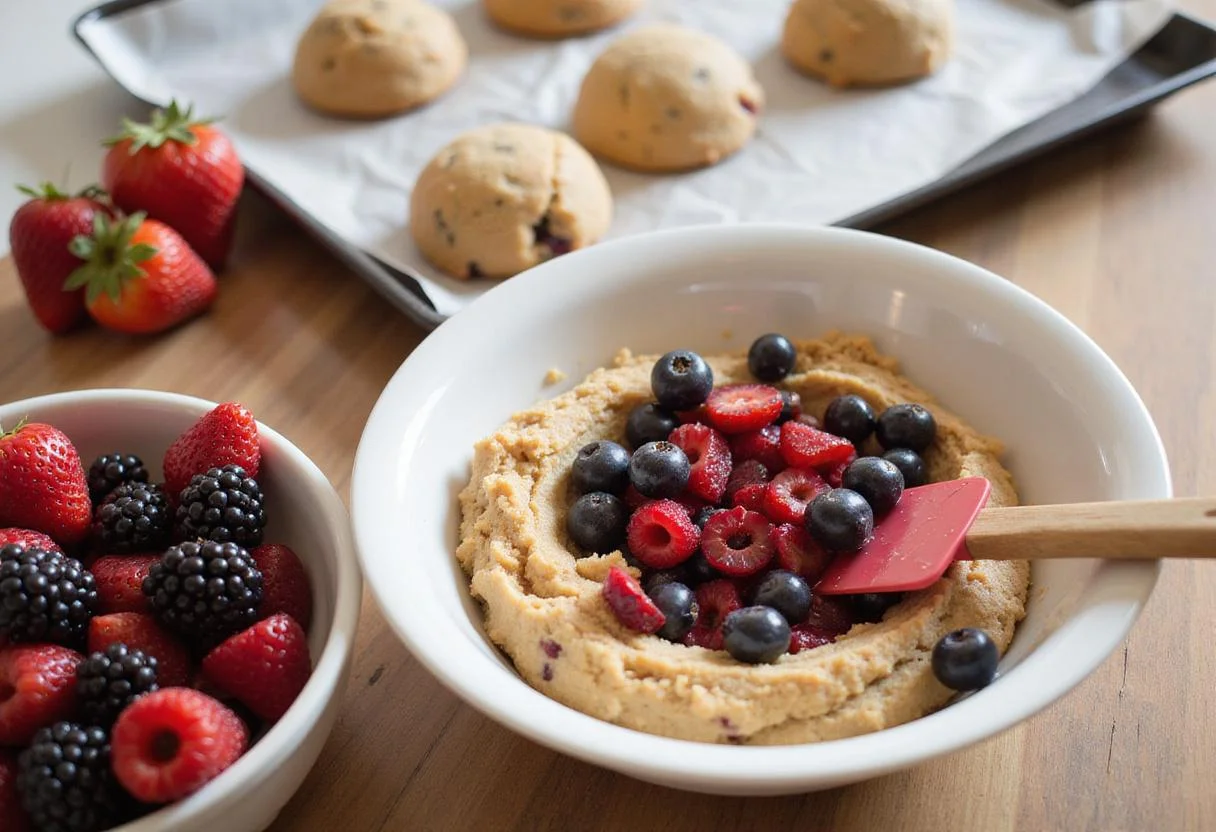 Fresh berries being incorporated into Knott's Berry Farm cookie dough, ready to be scooped onto baking sheets.
