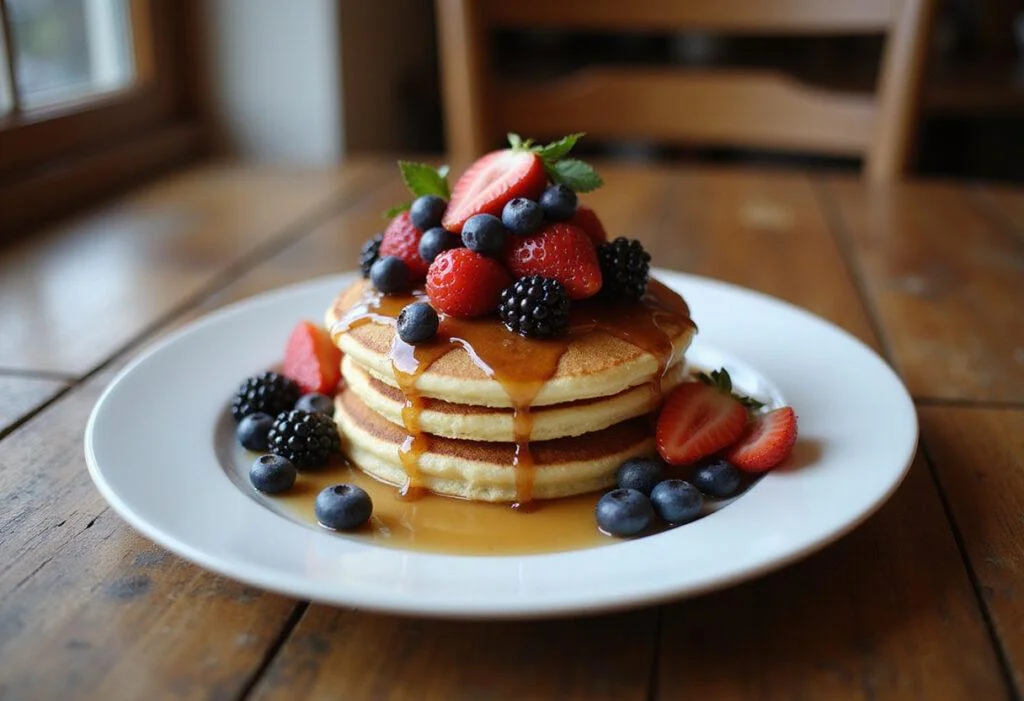 Final presentation of Kodiak pancakes recall, featuring a stack topped with berries and syrup on a rustic wooden table, creating a warm breakfast scene.