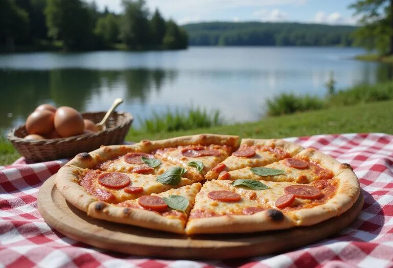 Final presentation of lakeside pizza paradise ready to be enjoyed by the lakeside.