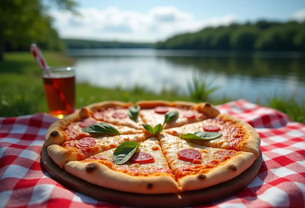 Final presentation of lakeside pizza paradise ready to be enjoyed by the lakeside.