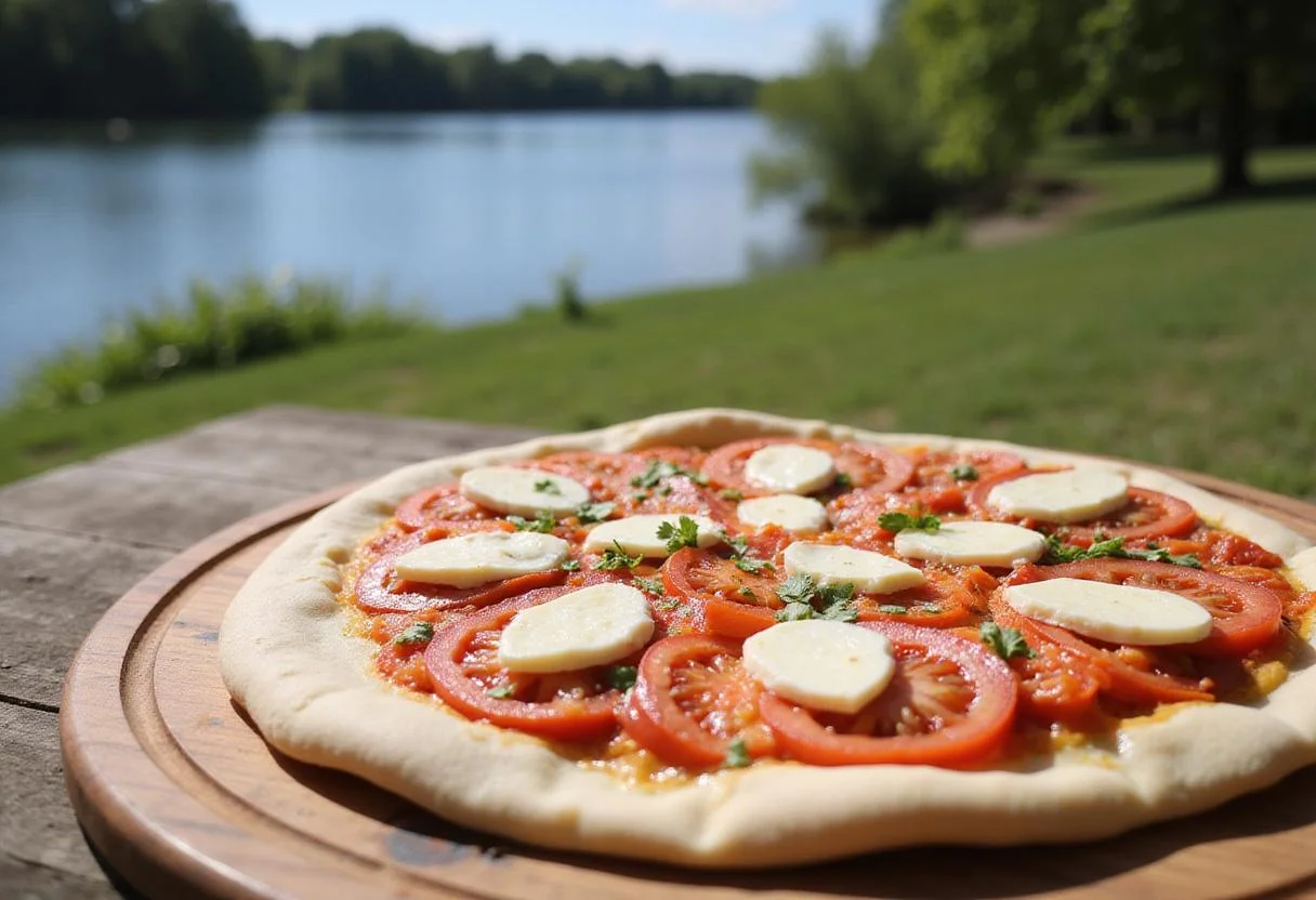 Assembling lakeside pizza with fresh tomatoes and mozzarella cheese on a sunny day.
