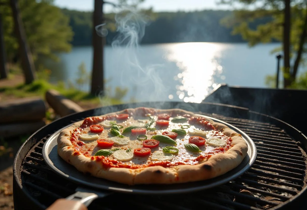 Cooking delicious lakeside pizza on a grill, enjoying the outdoors and nature.