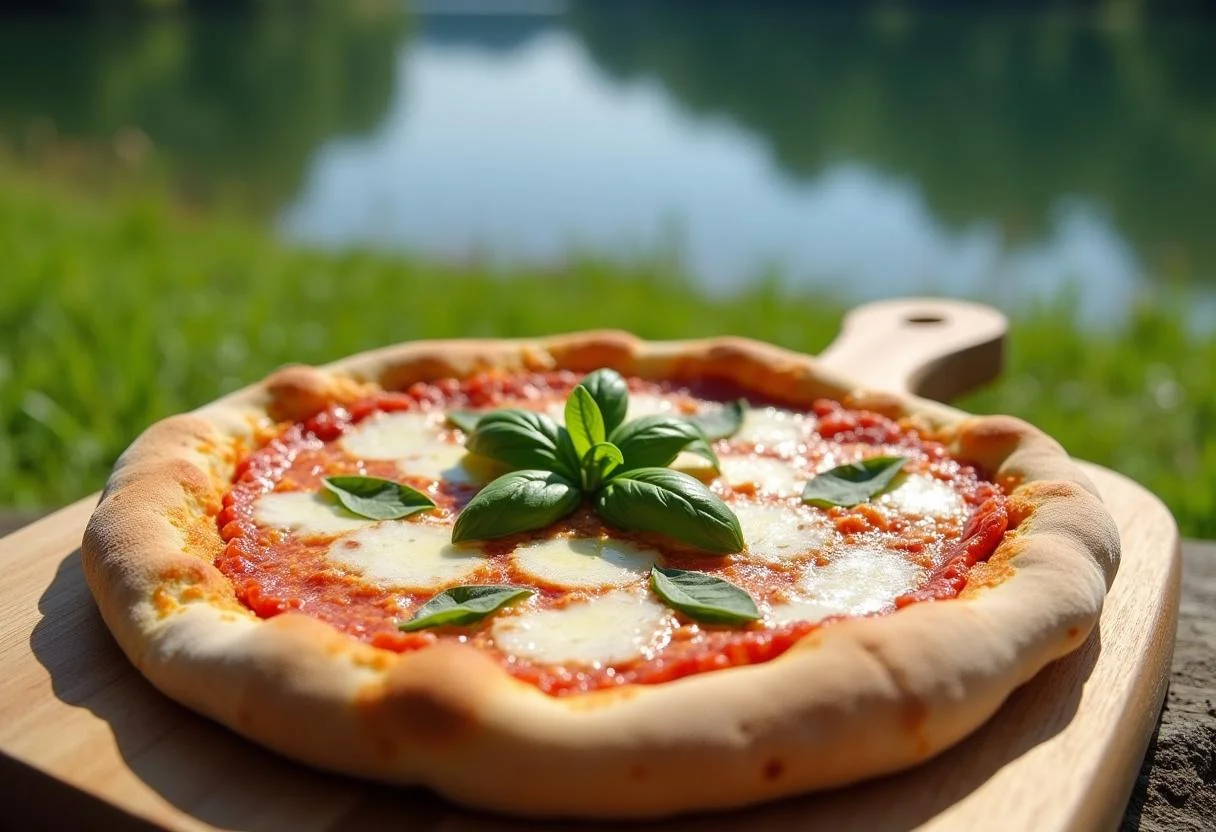 Finishing touches on lakeside pizza with fresh basil, perfect for outdoor dining.