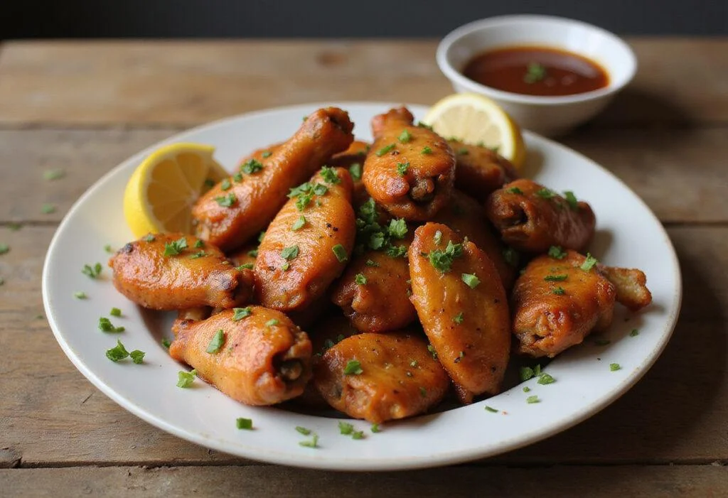 Delicious lemon pepper hot wings ready to serve, perfect for game day or a tasty snack.