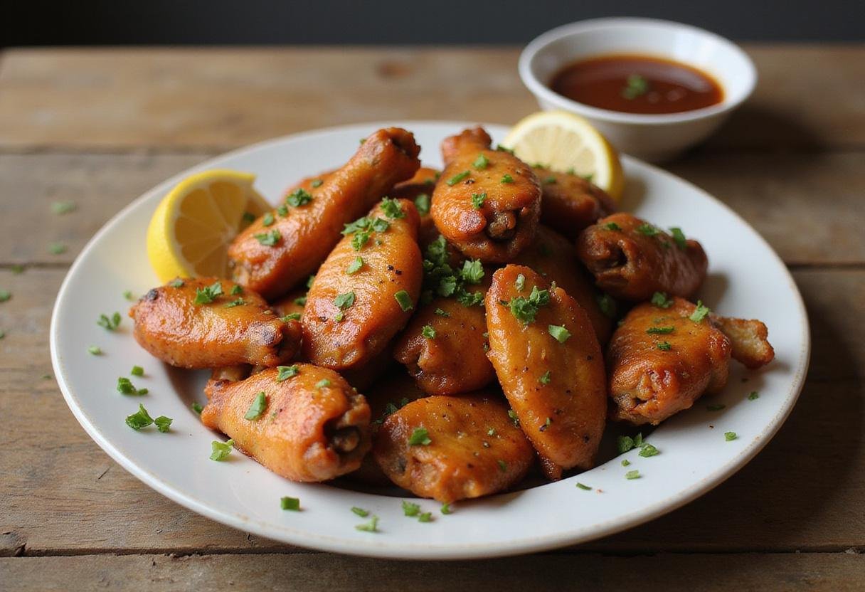 Delicious lemon pepper hot wings ready to serve, perfect for game day or a tasty snack.