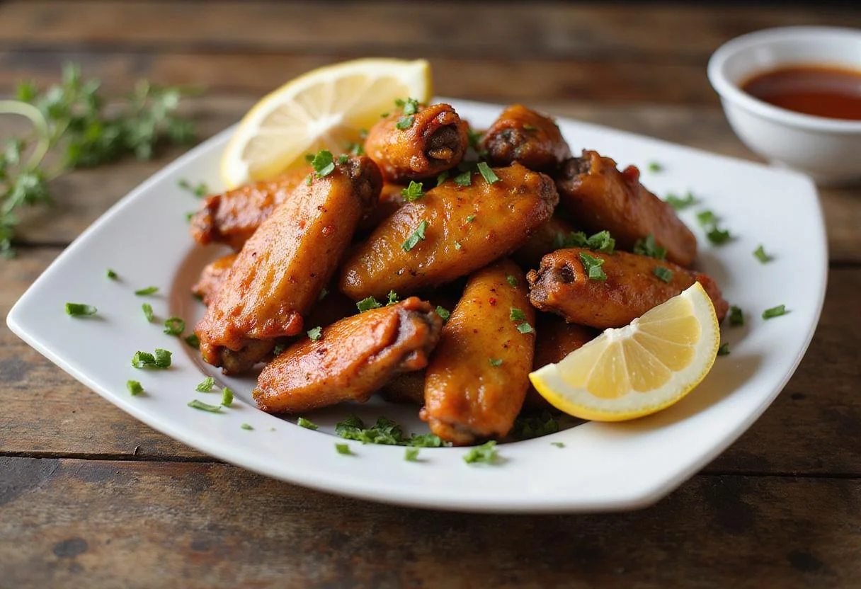 Delicious lemon pepper hot wings ready to serve, perfect for game day or a tasty snack.