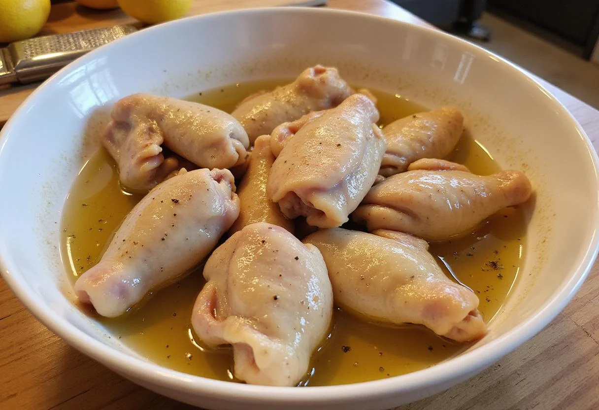 Marinating chicken wings in lemon juice and black pepper for delicious lemon pepper hot wings.