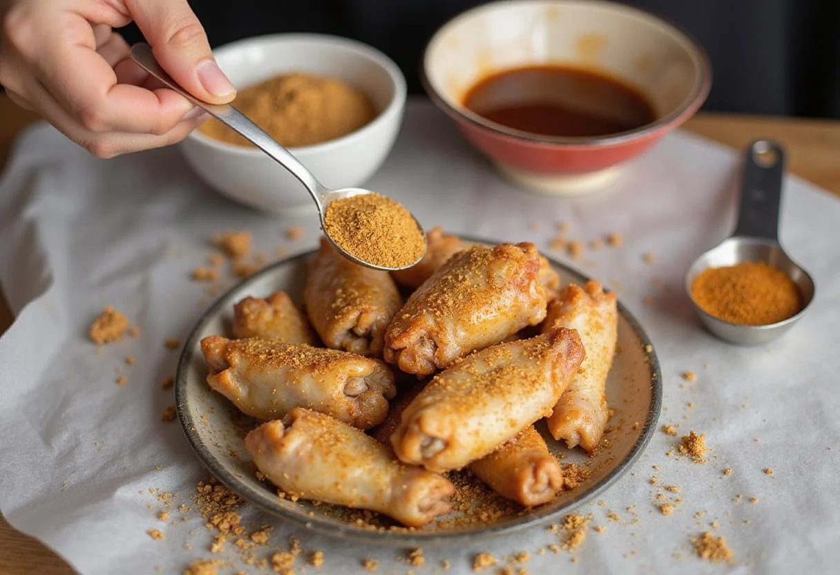 Coating chicken wings with lemon pepper seasoning for buffalo wings lemon pepper flavor.