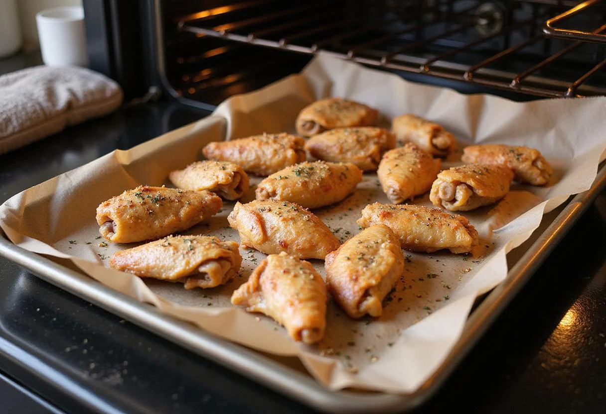 Preparing buffalo wings lemon pepper style on a baking tray for roasting.