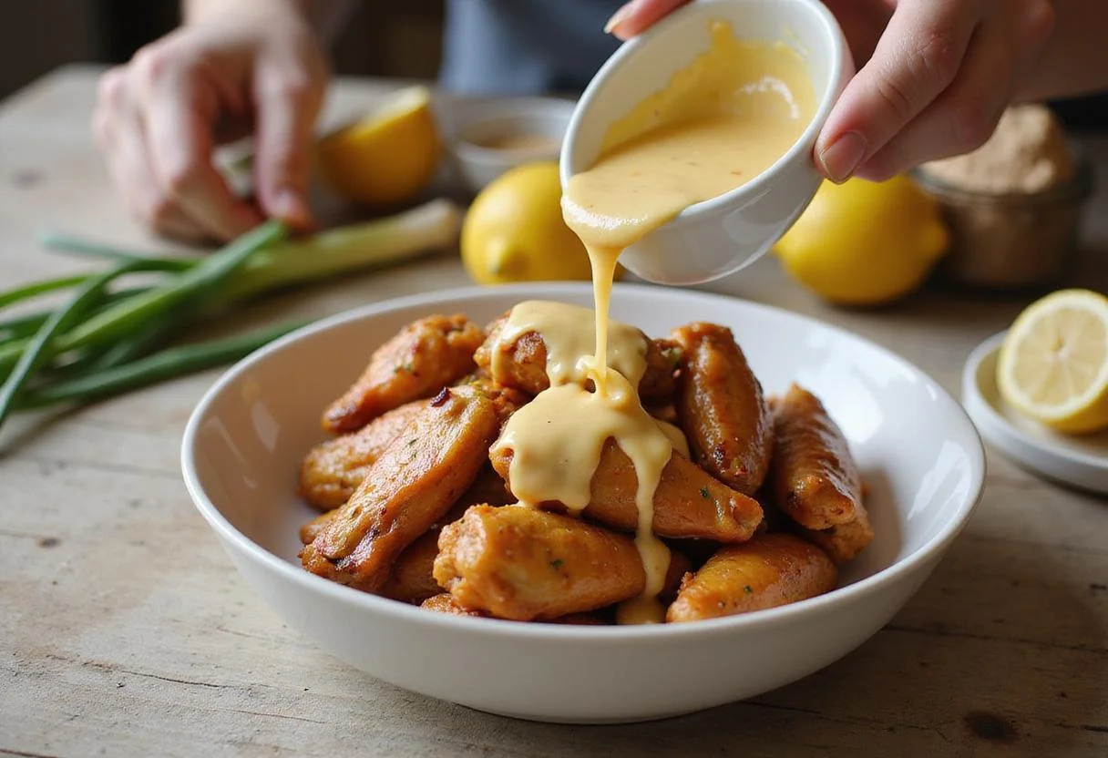Drizzling lemon pepper sauce on hot wings for a flavorful finish to honey lemon pepper wings.
