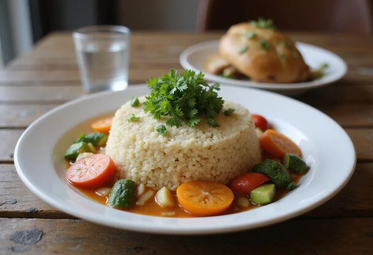 Final presentation of light cooked rice served with vegetables, highlighting low-calorie options in a healthy meal.