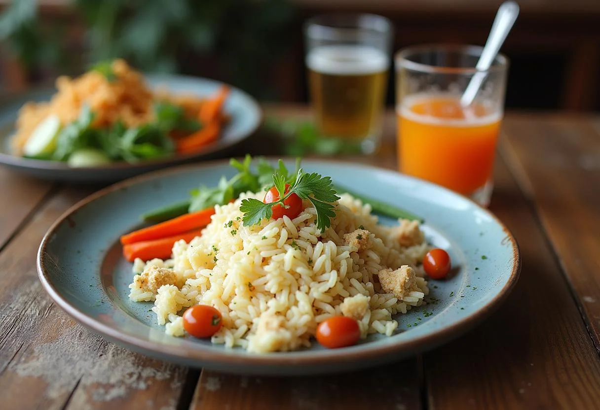 Final presentation of light cooked rice served with vegetables, highlighting low-calorie options in a healthy meal.