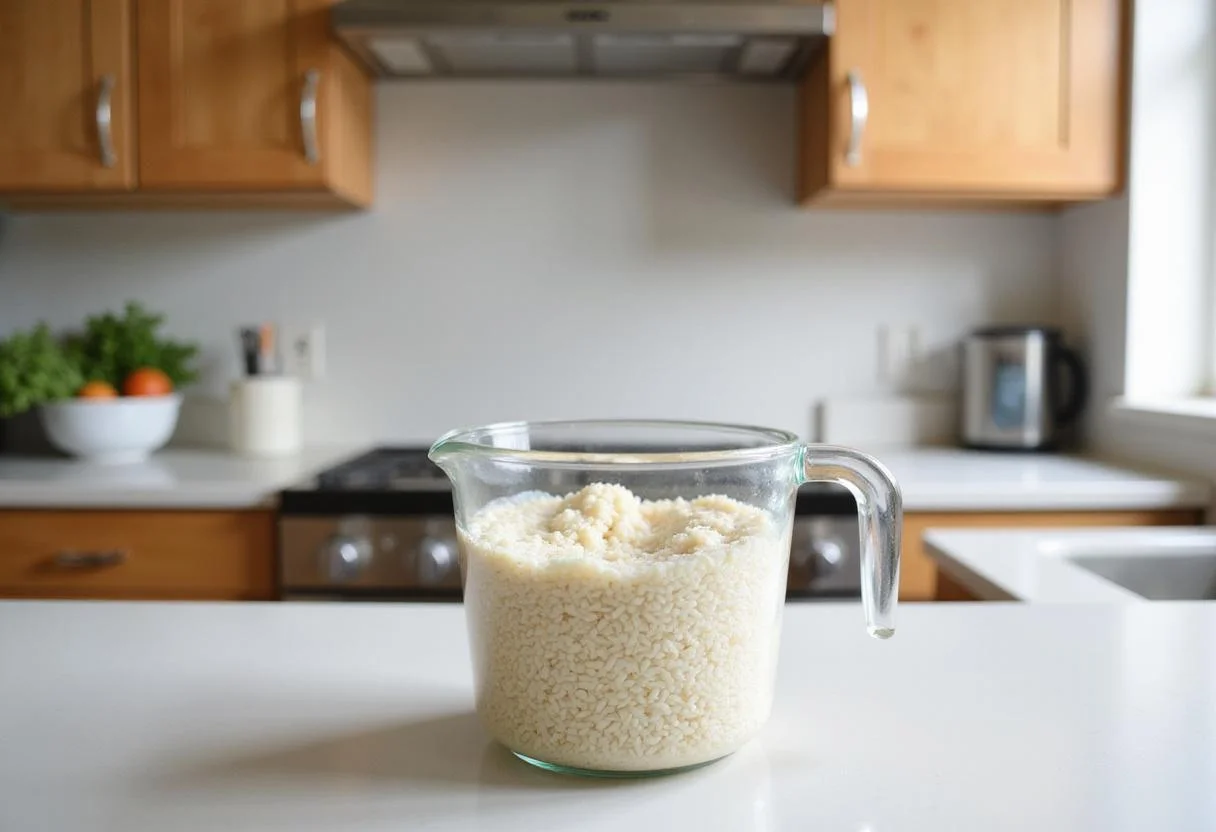 Measuring uncooked rice in a cup for preparing a healthy recipe with low calories.