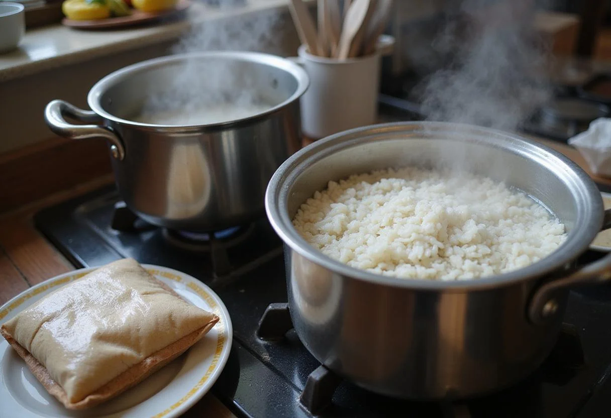 Cooking uncooked rice on the stove for delicious and low-calorie meals.