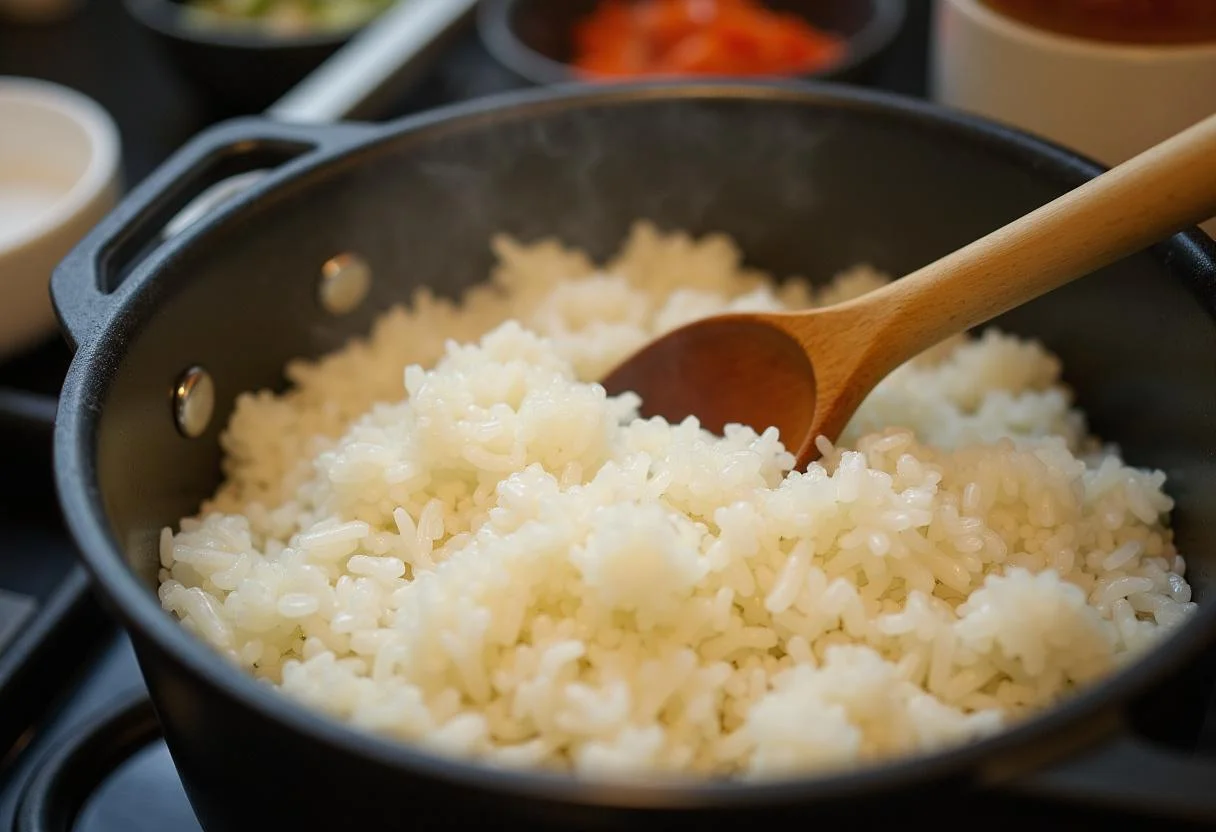 Stirring uncooked rice in a pot to ensure even cooking for a healthy dish.
