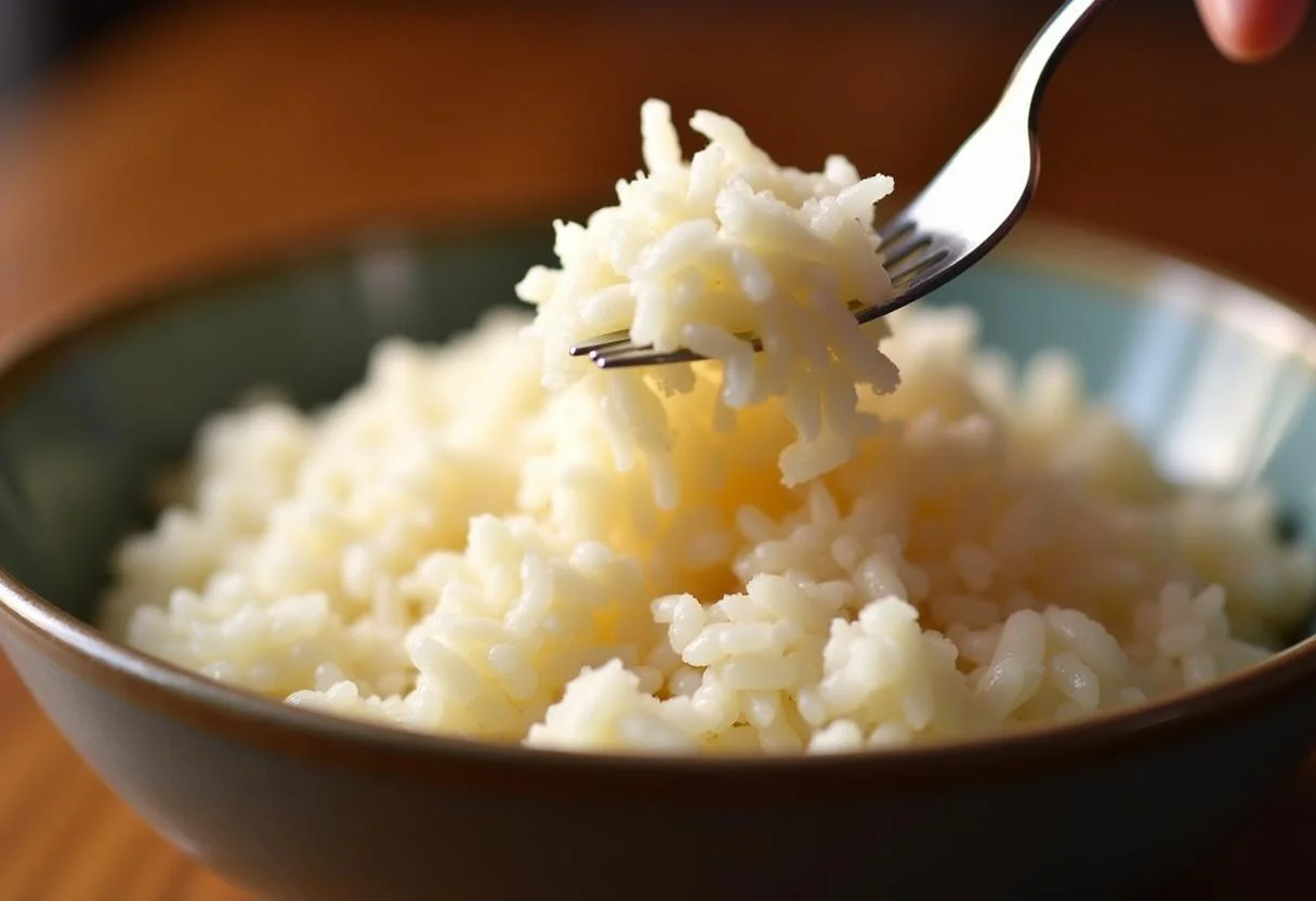 Fluffing cooked rice to achieve a light and fluffy texture for a low-calorie meal.