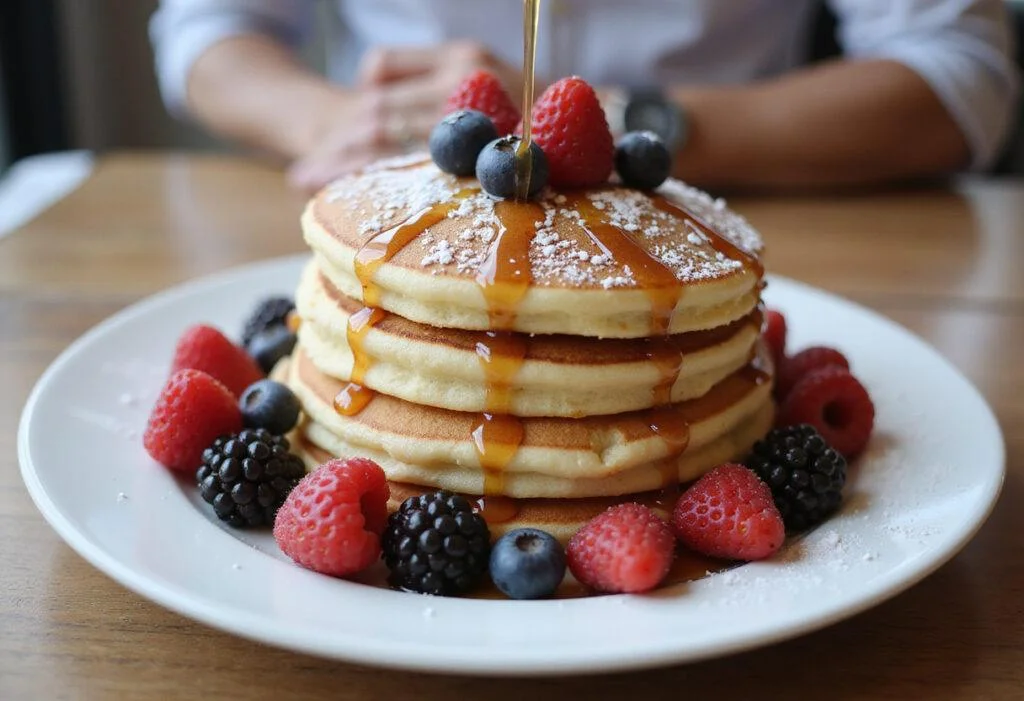 Delicious light fluffy French pancakes served with maple syrup and fresh berries, a perfect example of a classic crepe recipe.