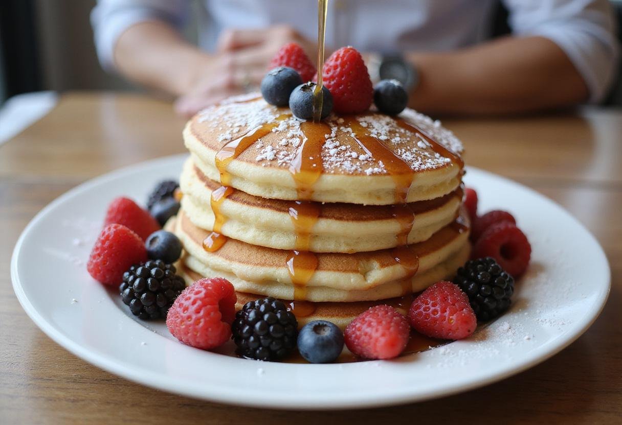 Delicious light fluffy French pancakes served with maple syrup and fresh berries, a perfect example of a classic crepe recipe.