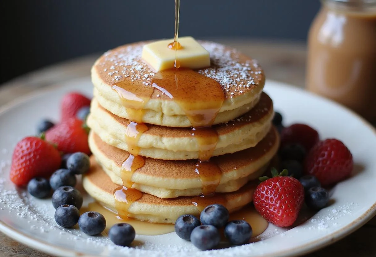 Delicious light fluffy French pancakes served with maple syrup and fresh berries, a perfect example of a classic crepe recipe.