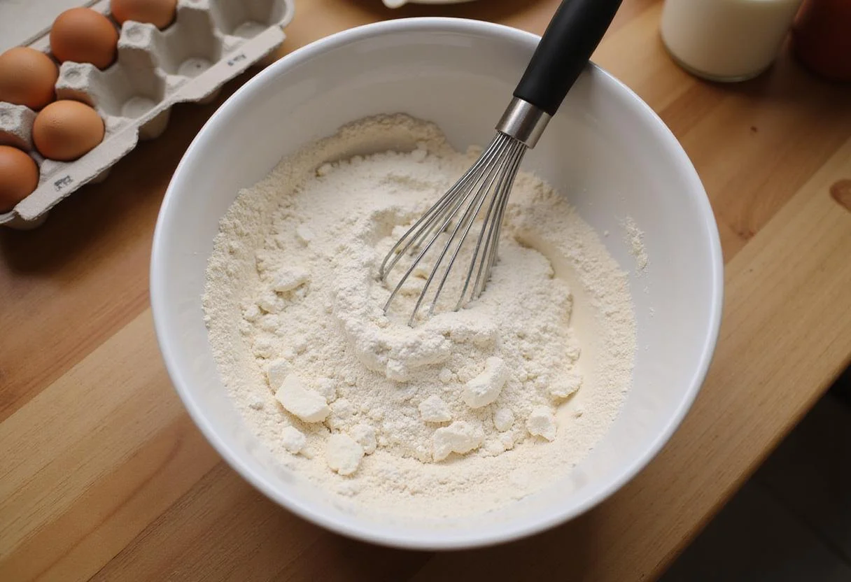 Mixing ingredients for a light fluffy French pancake, featuring flour, sugar, and eggs in a vibrant kitchen setting.