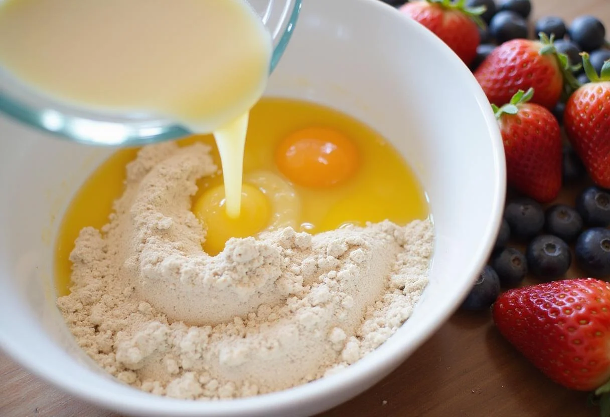 Combining wet and dry ingredients to create a crepe batter in a bright kitchen, showcasing fresh fruits as toppings for light fluffy French pancakes.