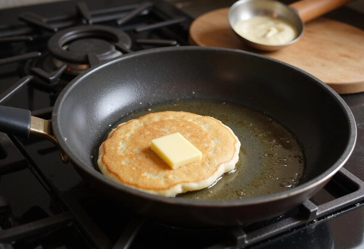 Cooking the pancake batter in a non-stick skillet with melted butter, illustrating the process of making a light fluffy French pancake.