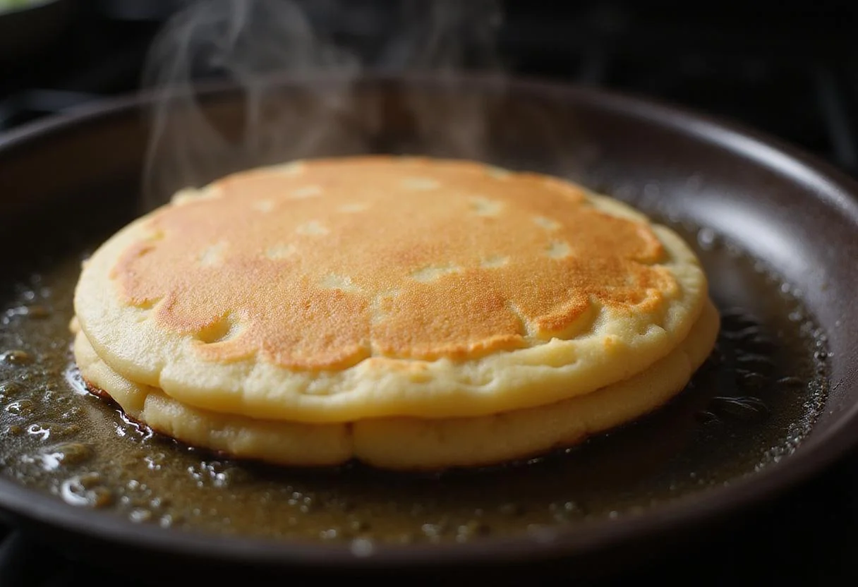 Flipping a golden light fluffy French pancake in a skillet, demonstrating the cooking technique for a perfect crepe recipe.