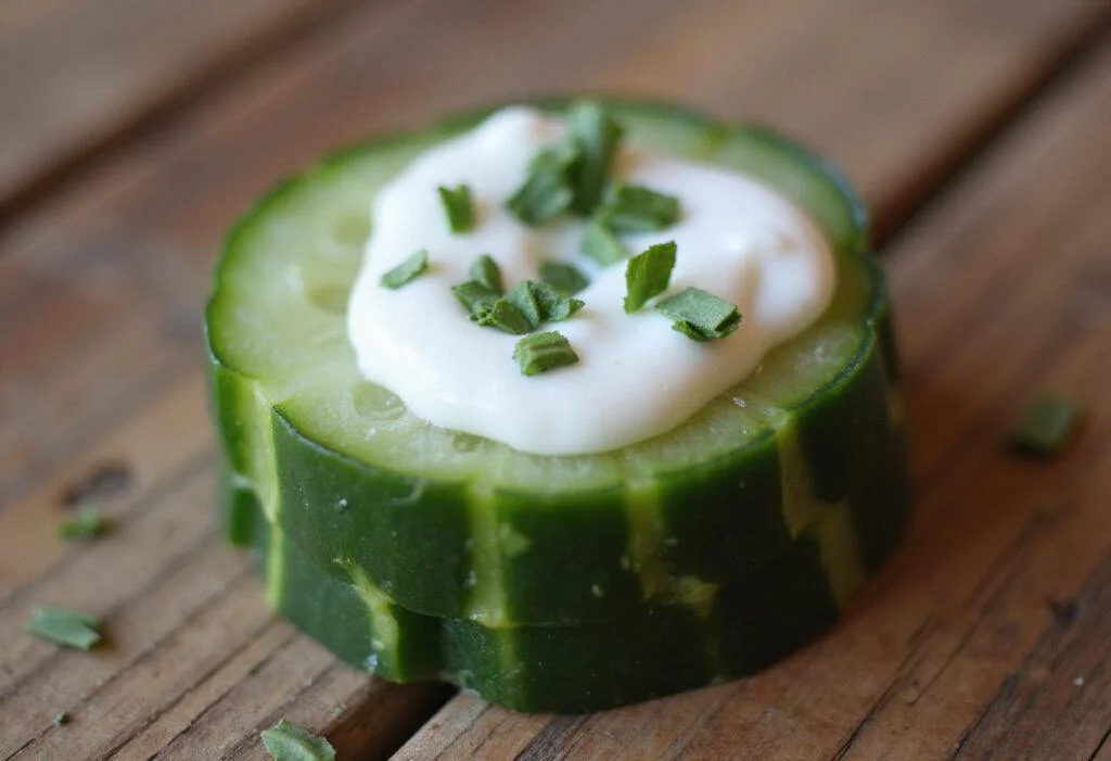 Close-up of light Persian cucumber bite, showcasing the creamy yogurt and fresh herbs, a healthy choice with low calories.