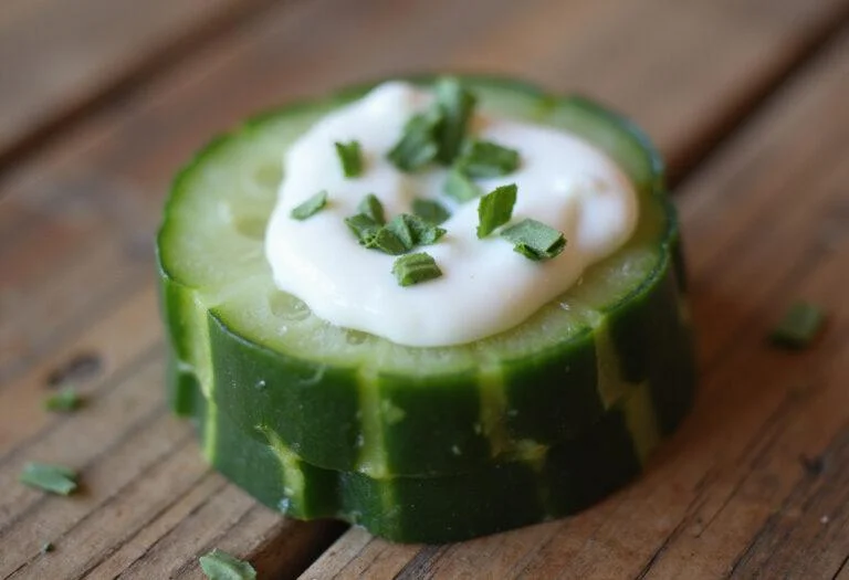 Close-up of light Persian cucumber bite, showcasing the creamy yogurt and fresh herbs, a healthy choice with low calories.