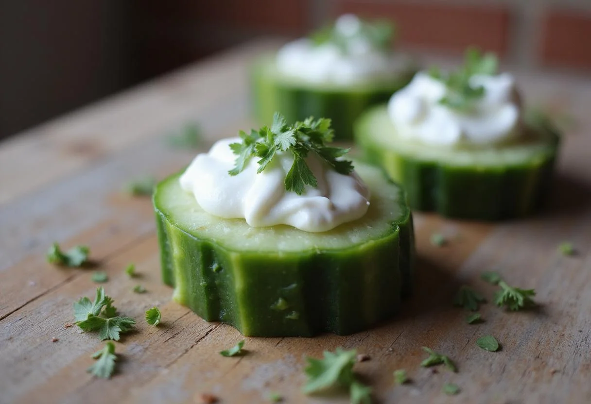 Close-up of light Persian cucumber bite, showcasing the creamy yogurt and fresh herbs, a healthy choice with low calories.