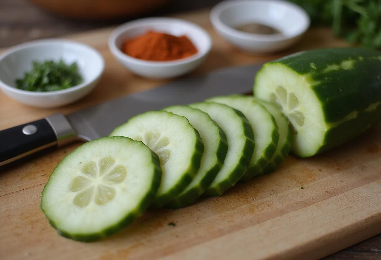 Fresh Persian cucumber slices on a cutting board, packed with low calories and perfect for a light appetizer.