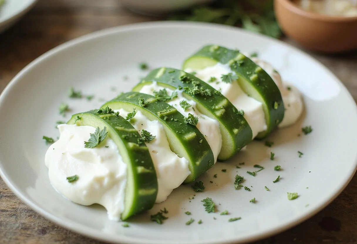 Chopped fresh herbs sprinkled over Persian cucumber bites, adding a rich flavor and colorful presentation for a low-calorie snack.