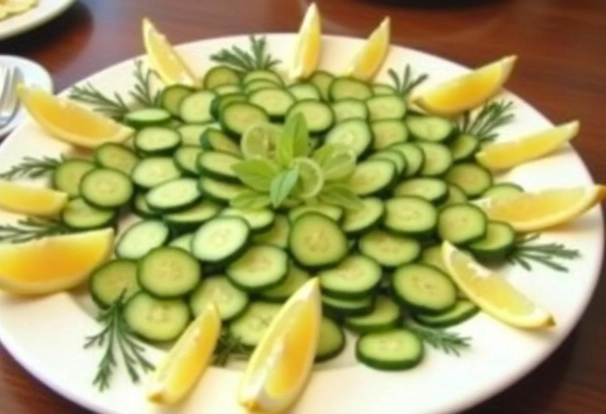 Elegant display of light Persian cucumber bites on a platter, perfect for entertaining, highlighting their low-calorie appeal.