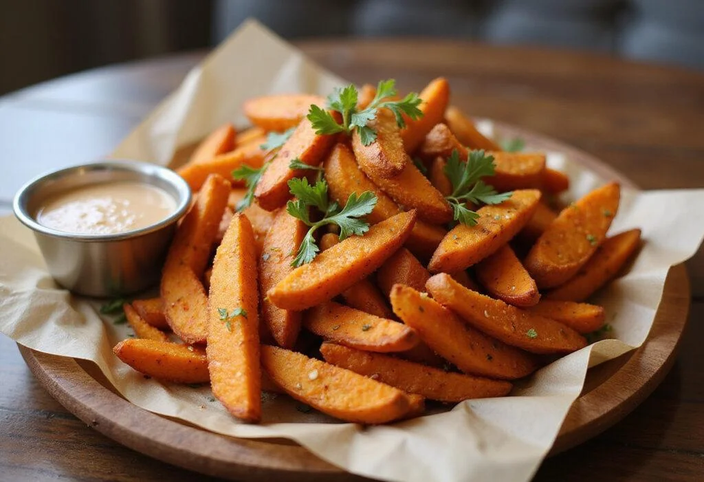 Delicious Light Sweet Potato Fries served with herbs and a dip, perfect for a nutritious snack, low in calories.