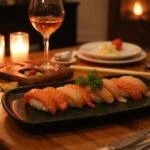 A beautifully set table with Love's Premium Sushi Menu, complete with candles and an inviting atmosphere for a sushi dinner.