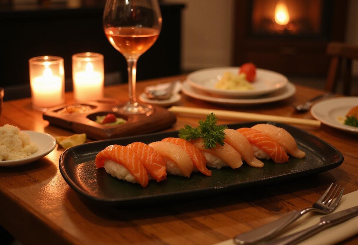 A beautifully set table with Love's Premium Sushi Menu, complete with candles and an inviting atmosphere for a sushi dinner.