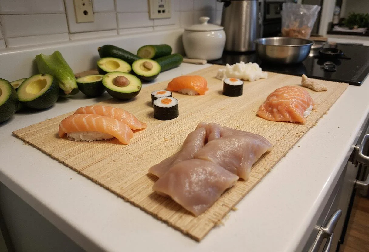 Fresh sushi ingredients for Love's Premium Sushi Menu, including fish, avocados, and nori sheets on a kitchen counter.